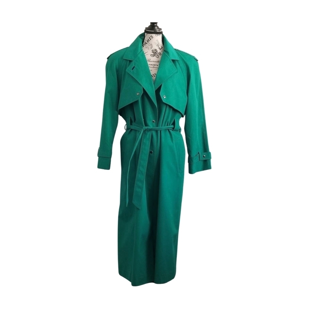 80s Vintage Emerald Spring Green Dopamine Trench Coat Maxi Lenght Size Large - Picture 2 of 13